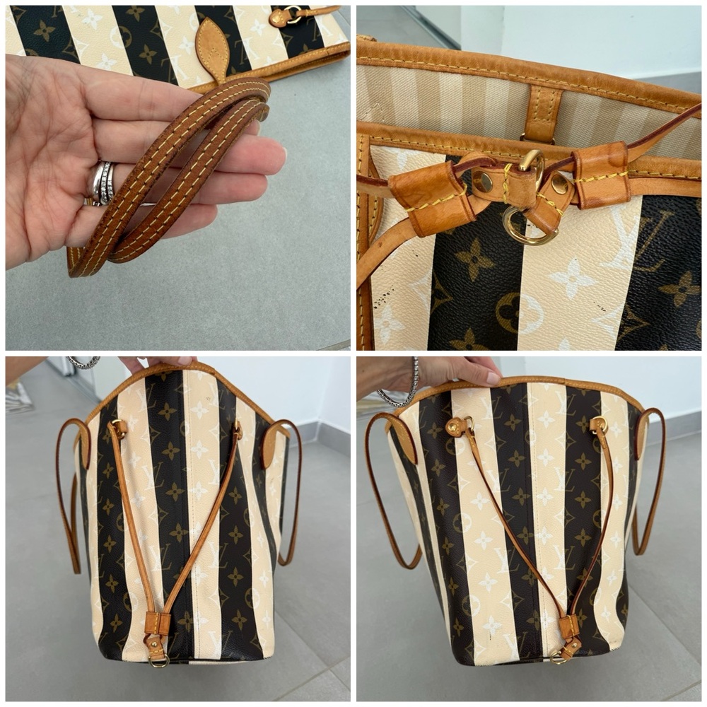 Louis Vuitton Rayures Neverfull MM Monogram Stripe Tote Bag Purse Brown Ivory - Picture 13 of 16